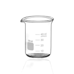 Low-form glass beaker with a pouring spout and printed graduations up to 40 ml