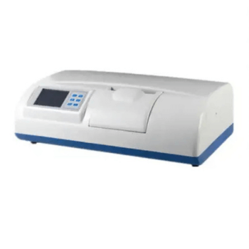 Digital polarimeter with a hinged sample chamber cover and a small display and push buttons on the front