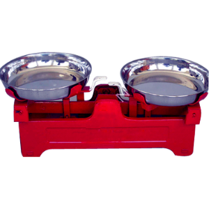 Red cast-metal balance counter with two stainless steel pans