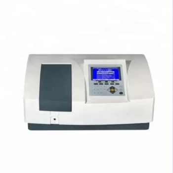 Benchtop double beam UV-Vis spectrophotometer with a sample compartment lid and a small display keypad