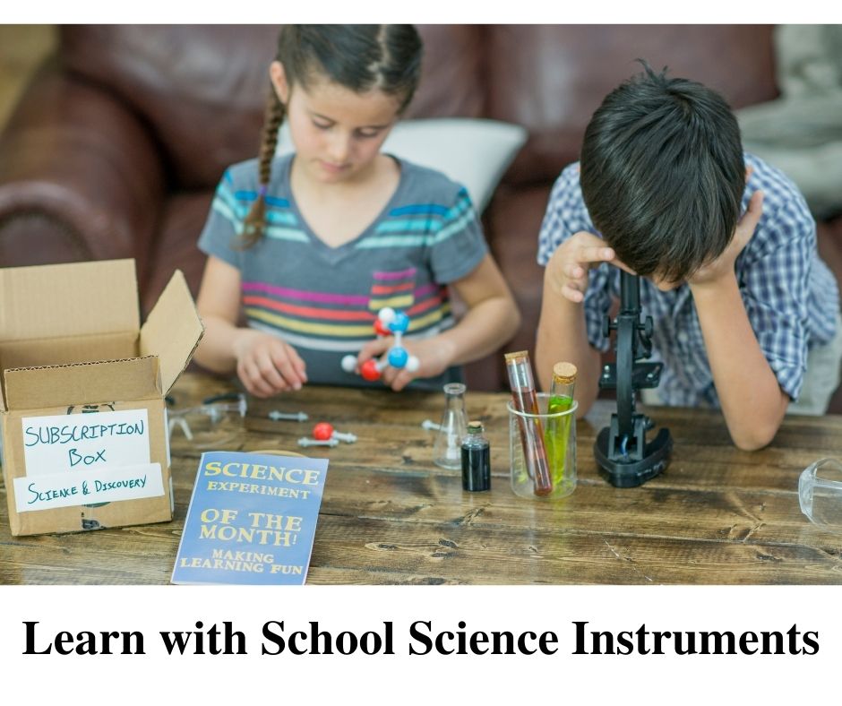 Two children doing a science activity at a table with a student microscope, test tubes in a beaker, a molecular model and a science experiment booklet, captioned Learn with School Science Instruments