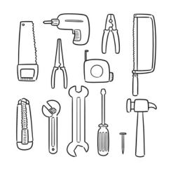 Line drawings of common workshop tools: saw, drill, pliers, tape measure, hacksaw, wrenches, screwdriver, utility knife, and hammer