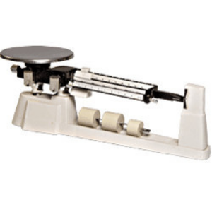 Triple beam balance with a round steel pan and three sliding beam weights
