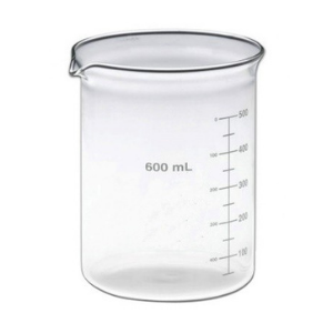 Clear 600 ml glass beaker with a pouring lip and printed graduation marks