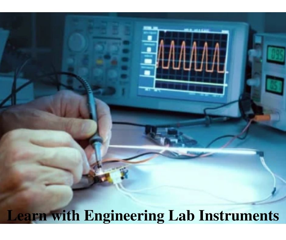 Hands holding a probe on a small circuit board while a digital oscilloscope shows a pulse waveform, with the caption Learn with Engineering Lab Instruments