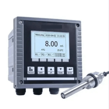 Panel-mounted digital conductivity meter showing 8.00 mS with a stainless steel conductivity probe