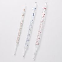 Three glass graduated pipettes with colour-coded scale markings