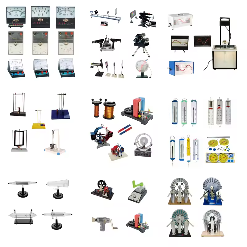 Collage of physics apparatus: demonstration meters, optical bench and spectrometer, wave apparatus, spring balances, electromagnetic kits, discharge tubes, and Wimshurst machines